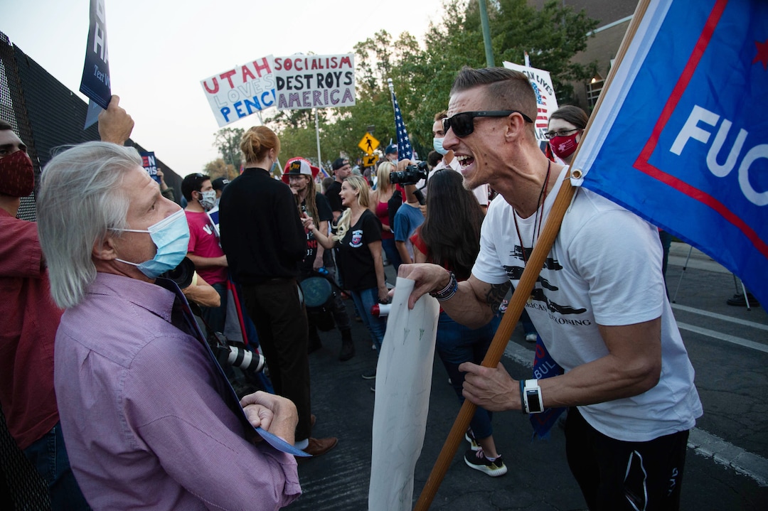 (Francisco Kjolseth  |  The Salt Lake Tribune) Supporters and counter protesters of President Donald Trump rally near Kingsbury Hall on the University of Utah campus in Salt Lake City on Wednesday, Oct. 7, 2020, during the vice presidential debate.