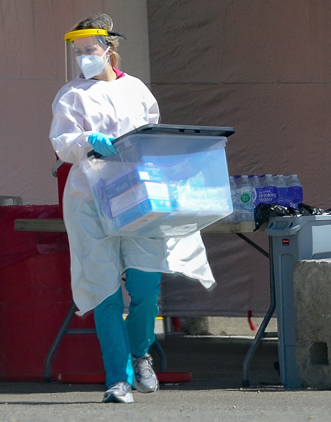 (Francisco Kjolseth | The Salt Lake Tribune) Testing for COVID-19 is performed at the Wasatch County Event Center in Heber City on Wednesday, April 22, 2020, under one of the TestUtah.com contracts the state has with Nomi Health.