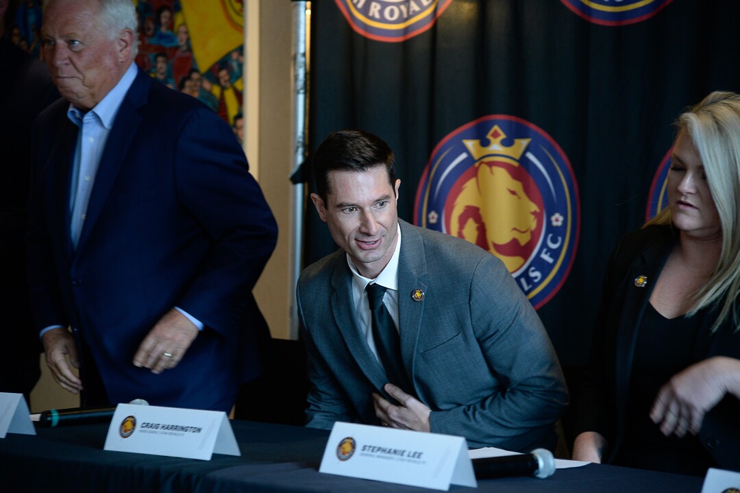 (Francisco Kjolseth  |  The Salt Lake Tribune) The Utah Royals FC announce former Chicago Red Stars assistant Craig Harrington, center, as its new head coach during a press event at Rio Tinto Stadium in Sandy, Utah on Friday, Feb. 7, 2020, as he joins team owner Dell Loy Hansen, left, and General Manager Stephanie Lee for the press conference. 