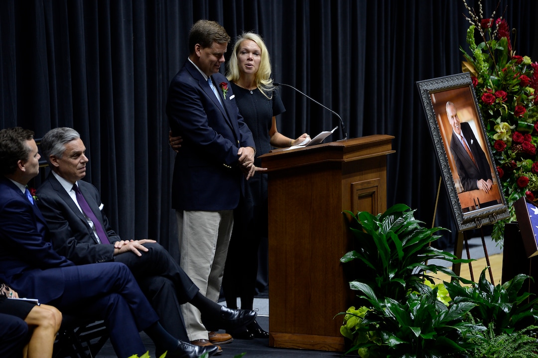 Scott Sommerdorf | The Salt Lake TribuneJennifer Huntsman Parkin with her brother Mark, speaks at the funeral services for Jon M. Huntsman, Sr., Saturday, February, 10, 2018. 