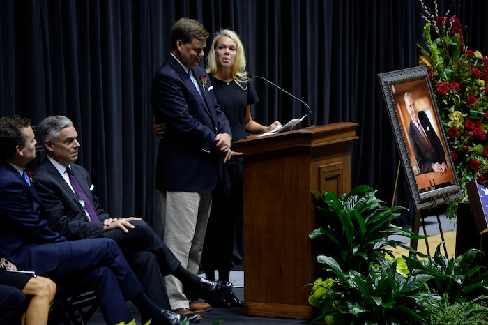 Scott Sommerdorf | The Salt Lake Tribune
Jennifer Huntsman Parkin with her brother Mark, speaks at the funeral services for Jon M. Huntsman, Sr., Saturday, February, 10, 2018. 
