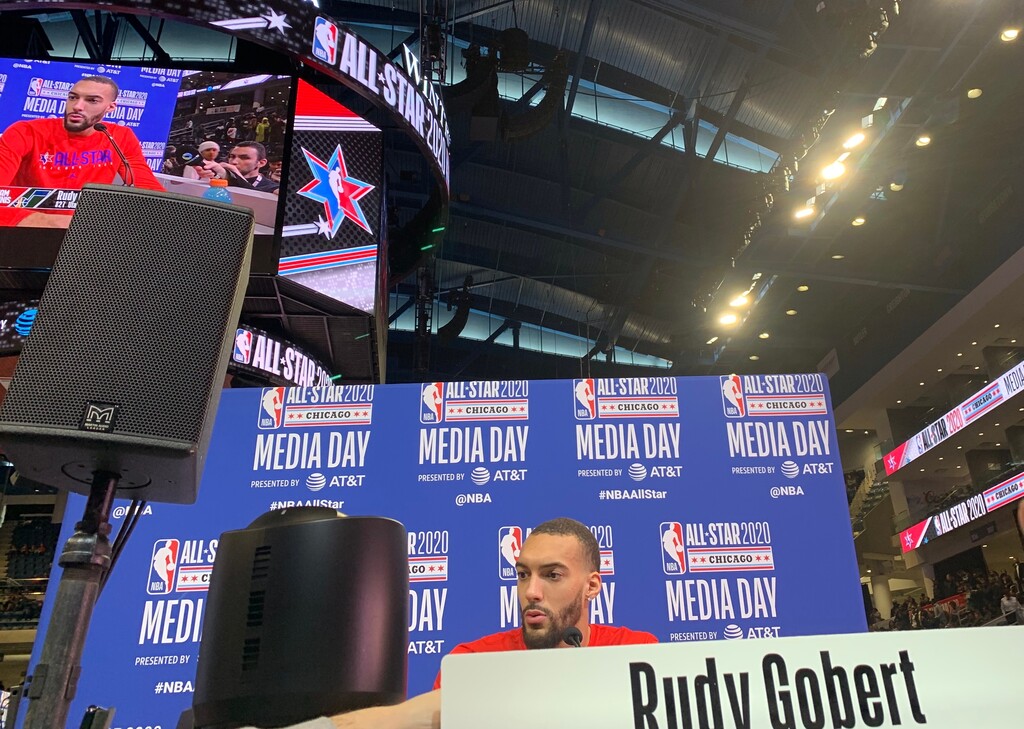 (Eric Walden  |  The Salt Lake Tribune) Utah Jazz center Rudy Gobert speaks at the All-Star Weekend Media Day event held at the Wintrust Center in Chicago on Saturday, Feb. 15, 2020.