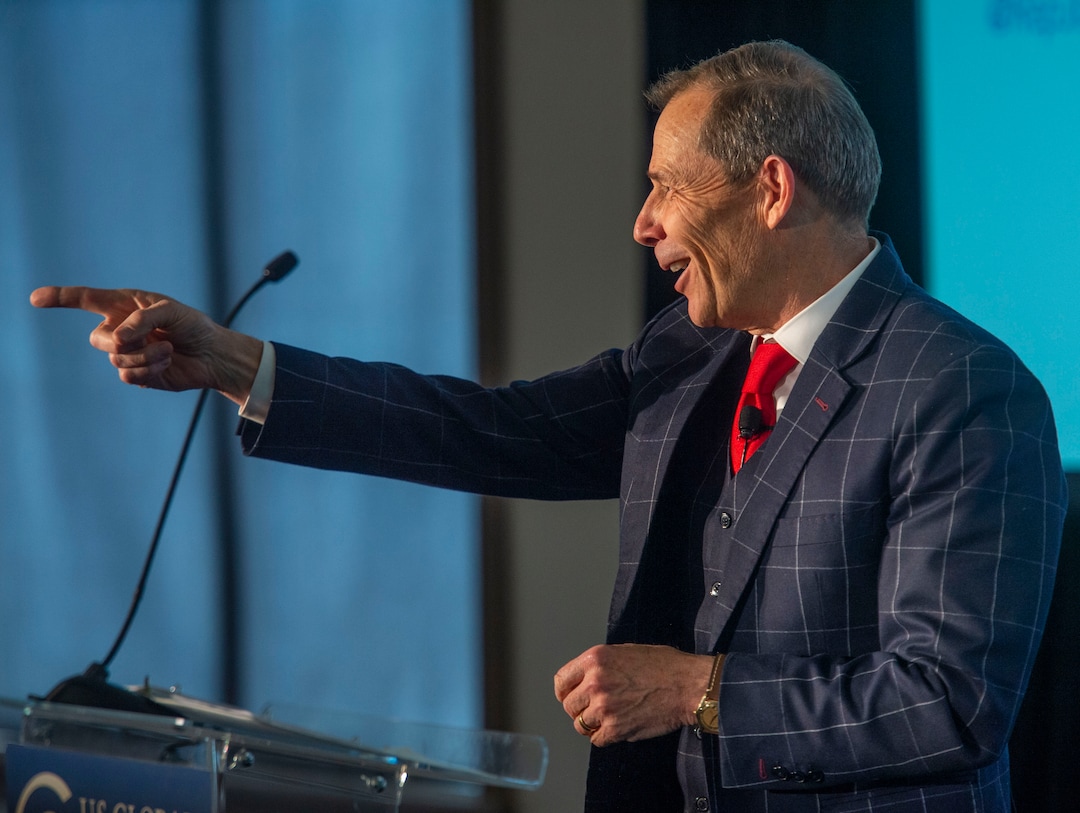 (Rick Egan  |  The Salt Lake Tribune)       Congressman John Curtis listens as Derek Miller, President and CEO of Salt Lake Chamber, makes a few comments during a forum on how American aid strengthens national security and creates opportunities for Utah businesses, sponsored by the U.S. Global Leadership Coalition, at Thanksgiving Point, Friday, April 5, 2019.