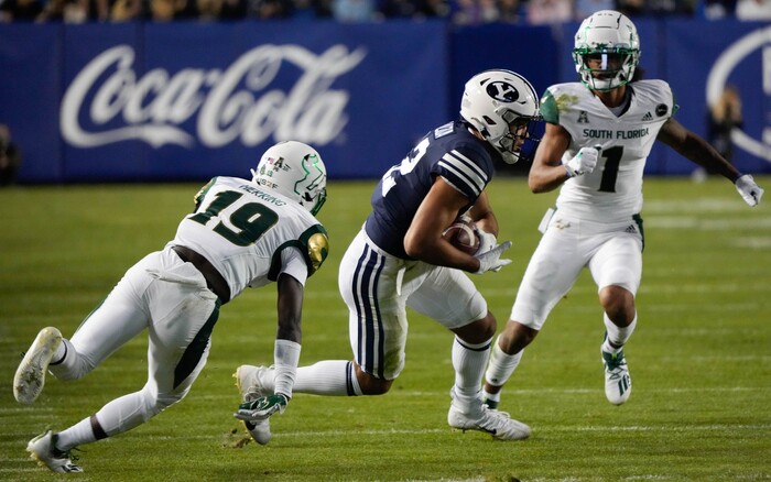 (Francisco Kjolseth | The Salt Lake Tribune) Brigham Young Cougars wide receiver Puka Nacua looks for an opening in game action between the Brigham Young Cougars and the South Florida Bulls at LaVell Edwards Stadium in Provo, Saturday, Sept. 25, 2021.