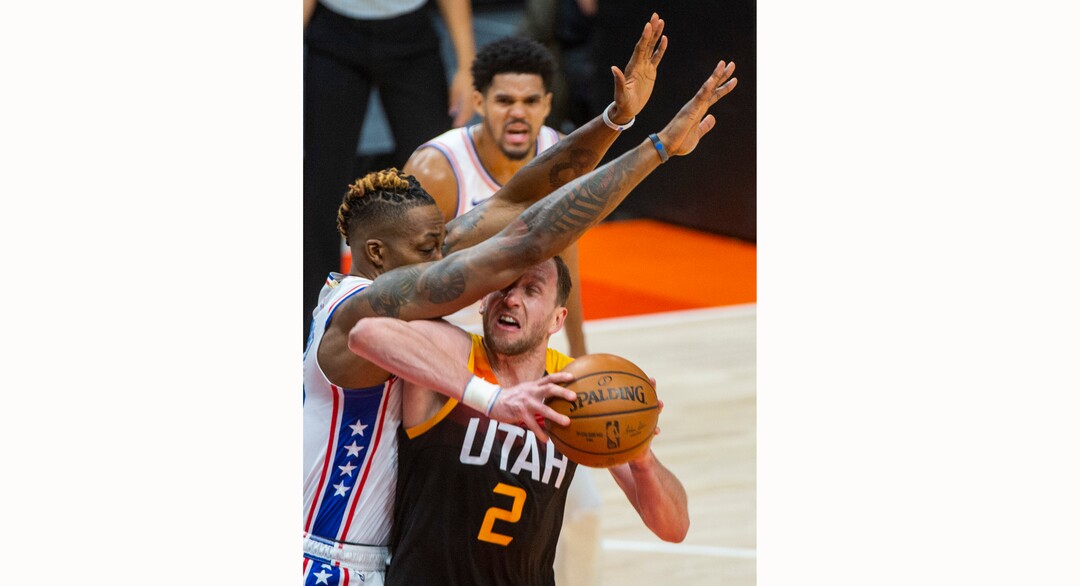 (Rick Egan | The Salt Lake Tribune) Utah Jazz forward Joe Ingles (2) looks for a shot as Philadelphia 76ers center Dwight Howard (39) defends, in NBA action between the Utah Jazz and the Philadelphia 76ers at Vivint Arena, on Monday, Feb. 15, 2021.