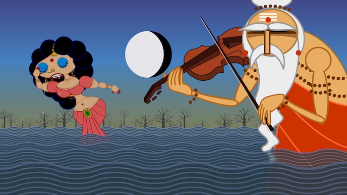 (Nina Paley  |  courtesy photo) Sita (left), a figure from ancient India mythology, cries a river of tears in a scene from Nina Paley's 2008 animated story "Sita Sings the Blues."