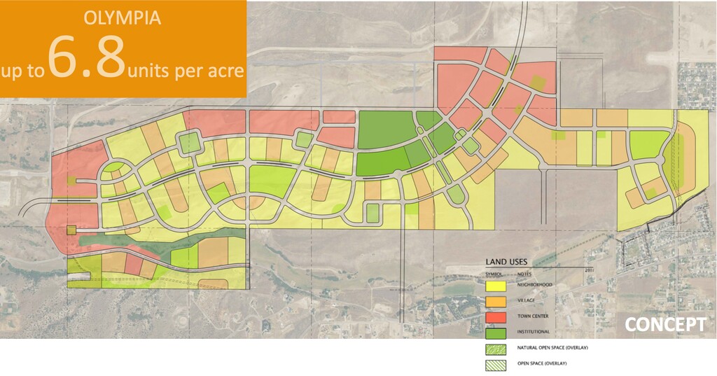 (Photo courtesy of Doug Young / Olympia Hills) Map showing land usage in the new version of Olympia Hills, a 931-acre, high-density development proposed west of Herriman in southwest Salt Lake County. Densities in new plans for the development are now at seven housing units per acre, down from estimates ranging from nine to 37 per acre in earlier versions.