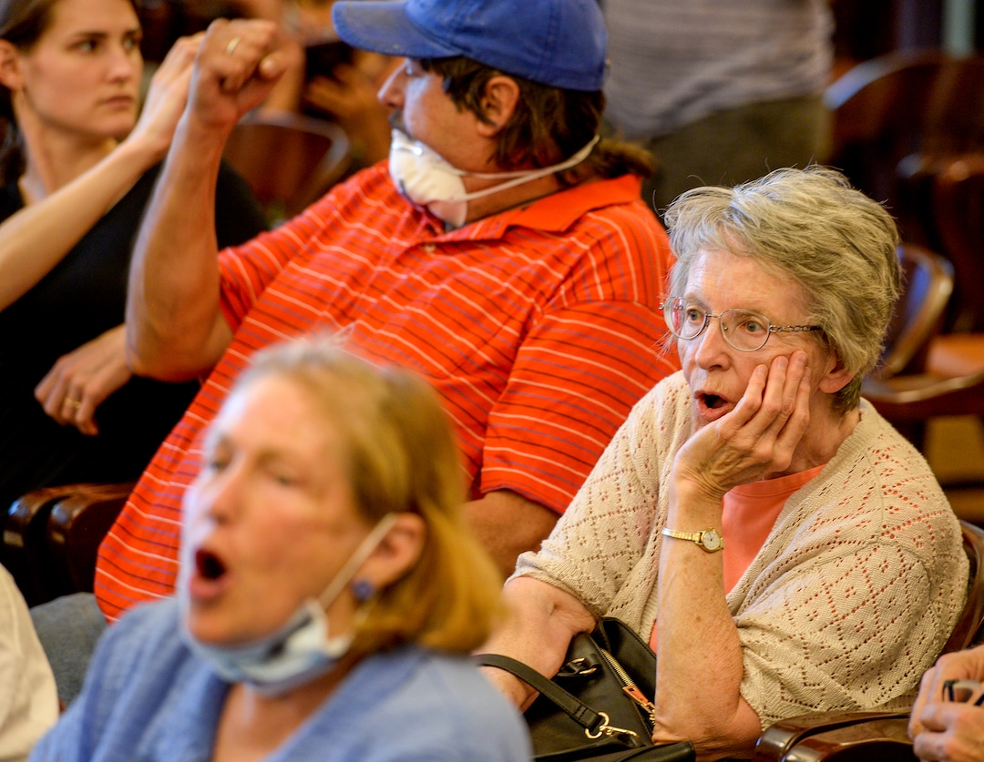 (Leah Hogsten  |  The Salt Lake Tribune) Opponents of the proposed inland port yell ÒAbort the PortÓ during the Utah Inland Port Authority Board meeting at the Capitol, June 5, 2019. The Inland Port Authority Board had to cancel its meeting last month after a group of protesters took over the meeting.