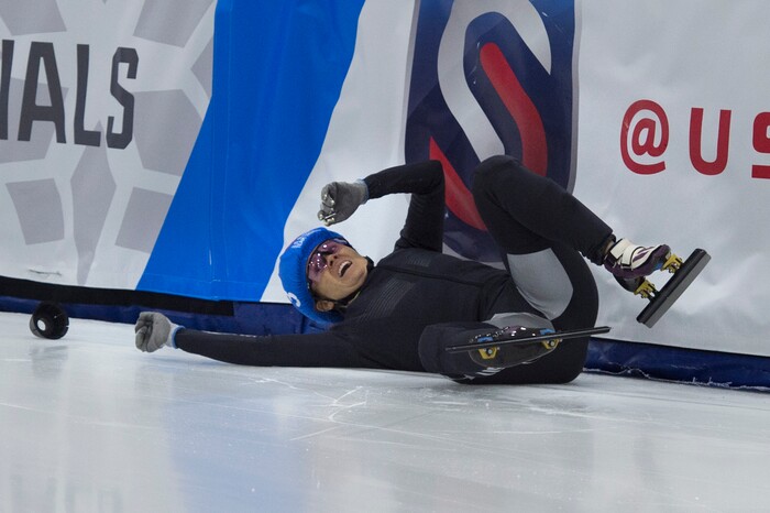 (Scott Sommerdorf   |  The Salt Lake Tribune)   
Jessica Kooreman falls during a women's 1000 meter race during day 3 of the U.S. short-track Olympic Team Trials at the Utah Olympic Oval, Sunday, December 17, 2017.  

