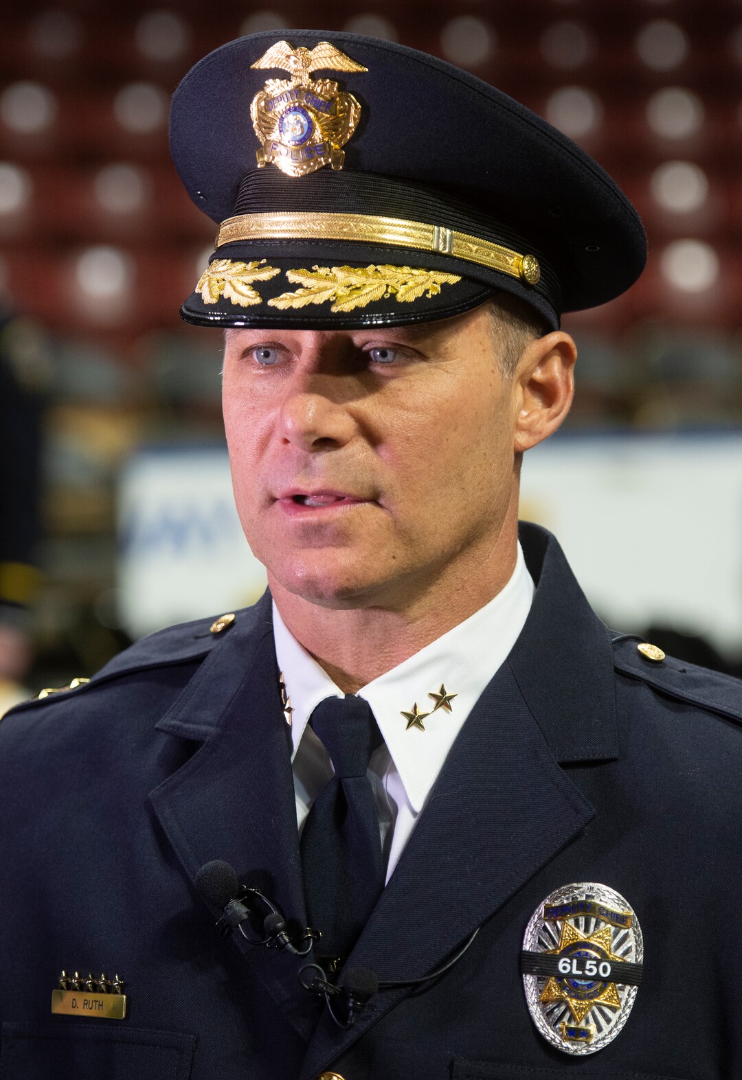 (Rick Egan  |  The Salt Lake Tribune)     South Salt Lake City Deputy Chief Dwayne Ruth, talks to the media before the funeral for South Salt Lake police officer, David Romrell, who died after being struck by a car during a clash with two burglary suspects on Nov. 24, at the Maverik Center, in West Valley City. Wednesday, Dec. 5, 2018.