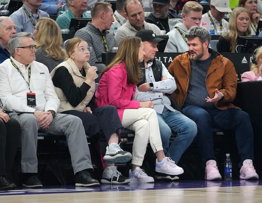 (Leah Hogsten | The Salt Lake Tribune) Gov. Spencer Cox,  wife Abby Cox and daughter EmmaKate take in a Jazz game with Mike Maughan as the Utah Jazz host the Oklahoma Thunder at Vivint Arena Thursday, April 6, 2023.