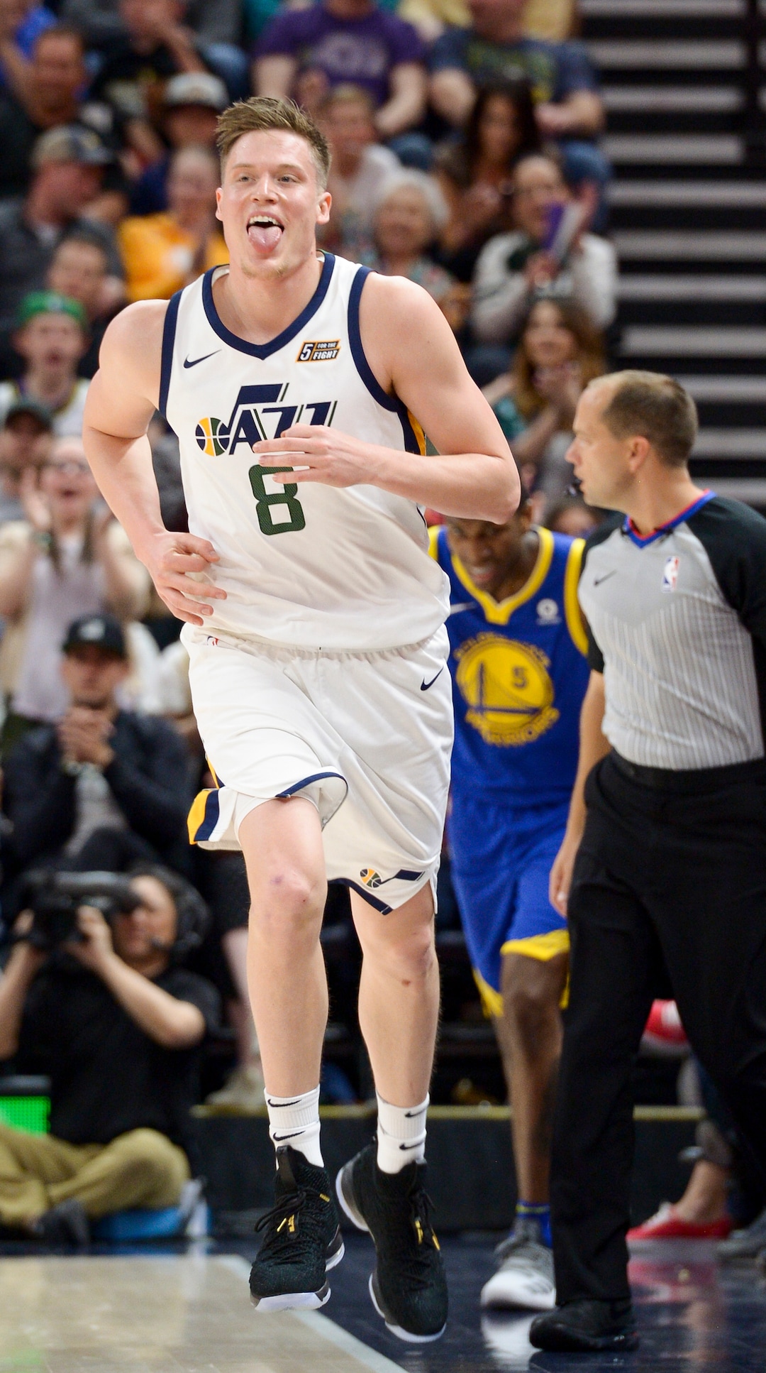 (Leah Hogsten  |  The Salt Lake Tribune)  Utah Jazz forward Jonas Jerebko (8) celebrates his 3-point bucket.  The Utah Jazz defeated the Golden State Warriors 119-79 during their game, Tuesday, April 10, 2018 at the Vivant Smart Home Arena. 