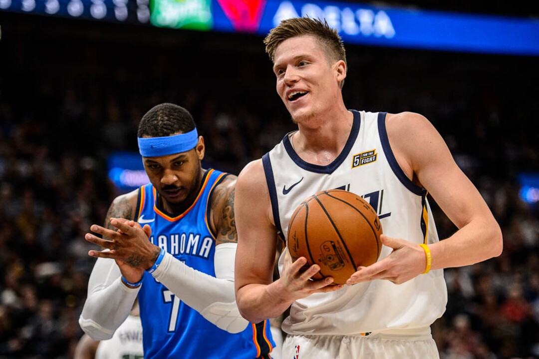 (Trent Nelson | The Salt Lake Tribune)  Utah Jazz forward Jonas Jerebko (8) and Oklahoma City Thunder forward Carmelo Anthony (7) react to a call as the Utah Jazz host the Oklahoma City Thunder, NBA basketball in Salt Lake City, Saturday December 23, 2017.