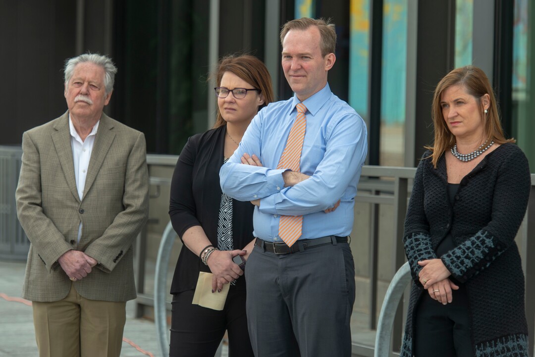 (Rick Egan  |  The Salt Lake Tribune)      Carlton Christensen, Chairman of the Utah Transit Authority Board makes a few comments at the celebration of the new double-track rail line for the S-Line Sugar House Streetcar, Friday, April 5, 2019.