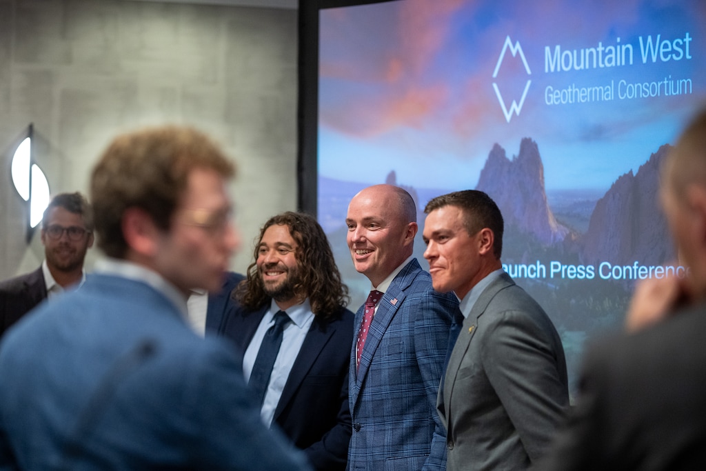 (Trent Nelson  |  The Salt Lake Tribune) Gov. Spencer Cox at a news conference for the Mountain West Geothermal Consortium in Salt Lake City on Wednesday, May 20, 2026. Standing with Cox are, from left, Ben Serrurier (Fervo Energy), Michael O'Connor and Jack Waldorf.