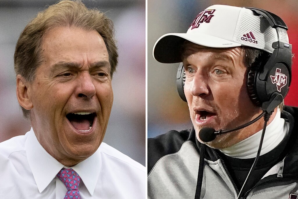 (AP Photo) At left, Alabama head coach Nick Saban yells to the sideline during the first half of Alabama's NCAA college football scrimmage, Saturday, April 16, 2022, in Tuscaloosa, Ala. At right, Texas A&M coach Jimbo Fisher reacts to an official's call during the second half of the team's NCAA college football game against Mississippi, Saturday, Nov. 13, 2021, in Oxford, Miss. Texas A&M coach Jimbo Fisher called Nick Saban a “narcissist” Thursday, May 19, 2022. after the Alabama coach made “despicable” comments about the Aggies using name, image and likeness deals to land their top-ranked recruiting classes. Saban called out Texas A&M on Wednesday night for “buying” players.