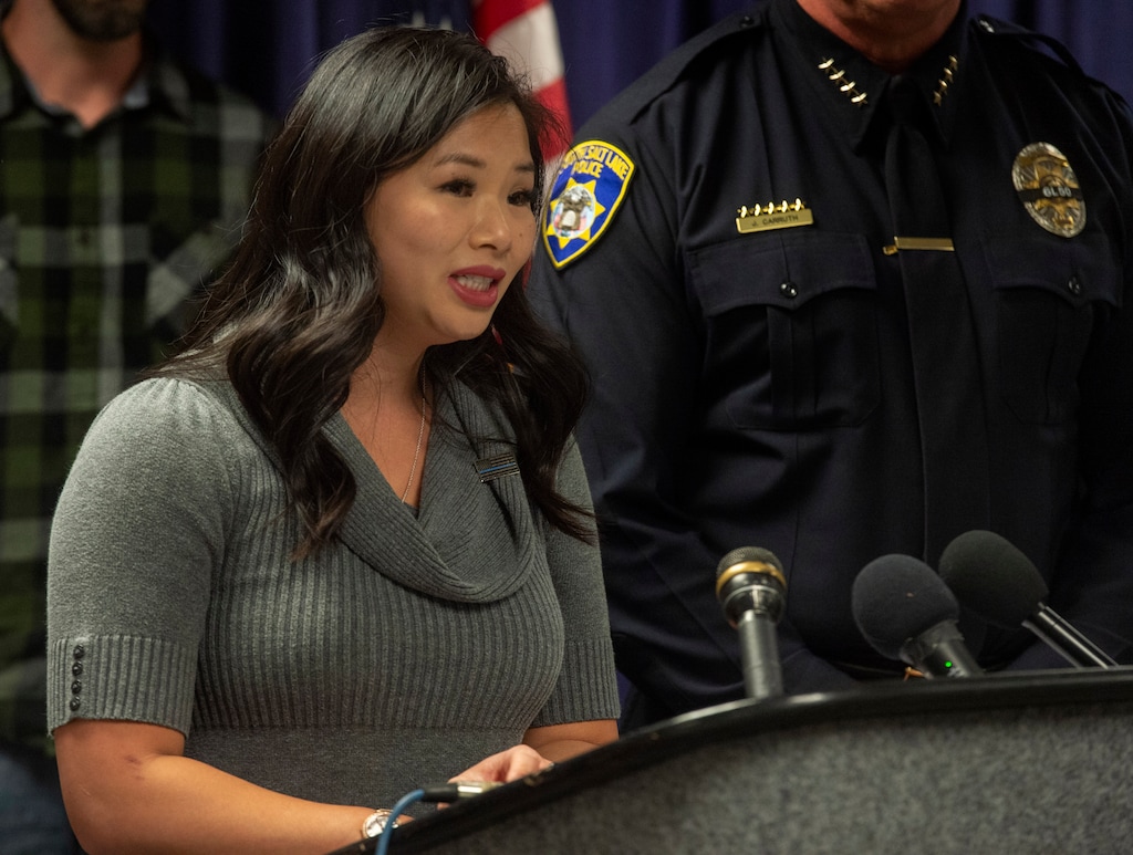 (Rick Egan  |  The Salt Lake Tribune)     Elizabeth Romrell makes a few comments during a news conference at the South Salt Lake Police Station, Thursday, Dec.13, 2018.