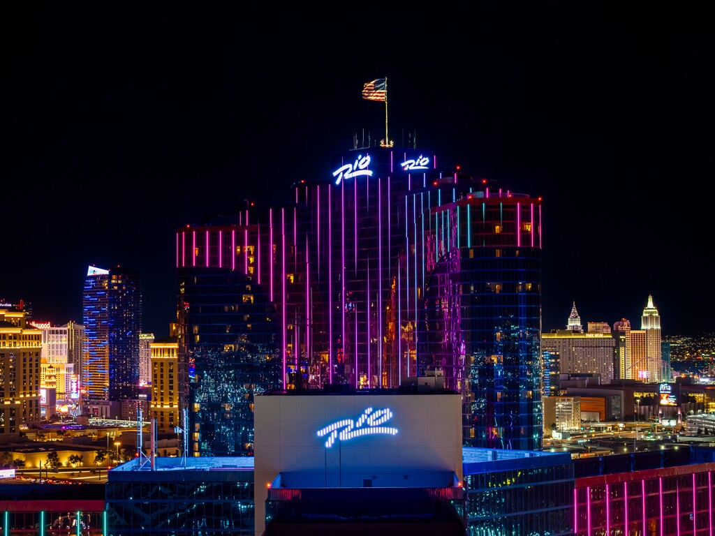 (Riolasvegasdigital | Wikimedia Commons)  The Rio Hotel & Casino in Las Vegas is seen at night.
