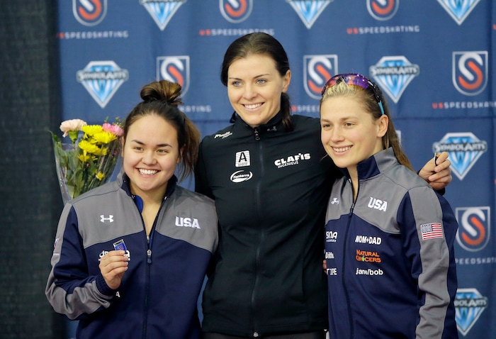 First place finisher Heather Bergsma, center, second place finisher Jerica Tandiman, left, and third place finisher Sugar Todd, right, stand on the podium after competing in the women's 1,000 meters U.S. long track speedskating championship at Utah Olympic Oval Sunday, Jan. 8, 2017, in Kearns, Utah. (AP Photo/Rick Bowmer)