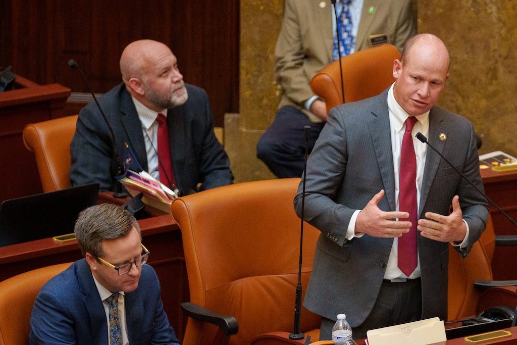 (Trent Nelson  |  The Salt Lake Tribune) Rep. Joel Ferry, right, was appointed by Gov. Spencer Cox to lead the Department of Natural Resources in June. Utah Democrats are demanding Ferry resign his seat in the Legislature and remove his name from November's ballot because holding both positions violates the separation of powers in the state constitution.