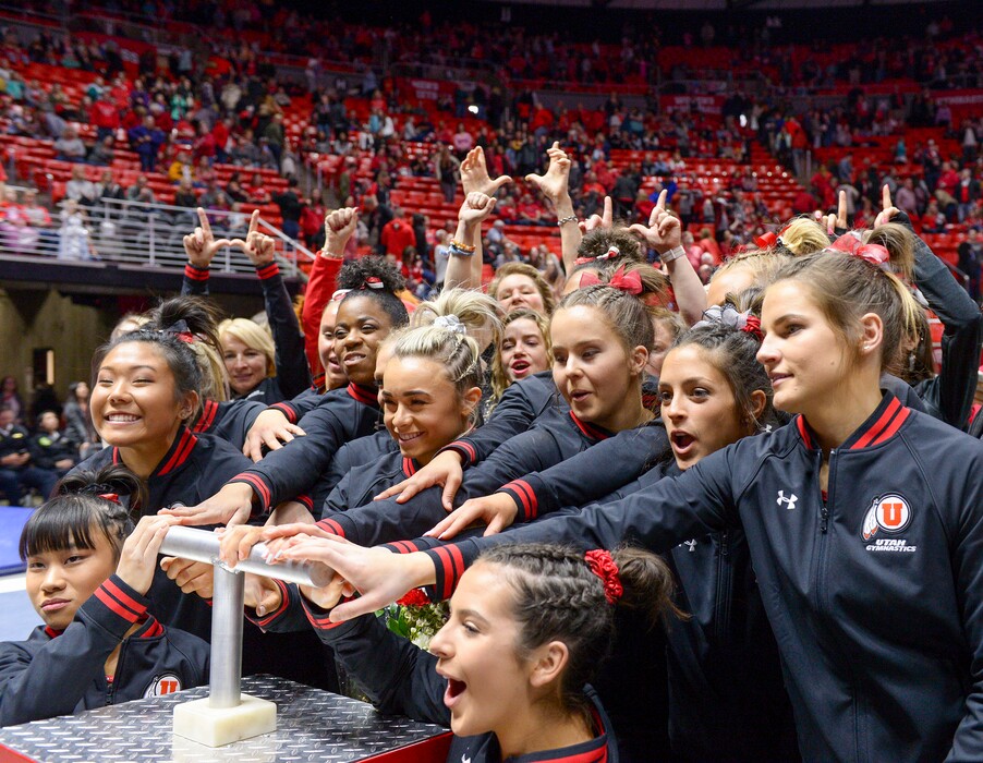 (Leah Hogsten  |  The Salt Lake Tribune)  The University of Utah Red Rocks defeated Oregon State, 197.100 to 196.275, Saturday, Feb. 15, 2020 at the Jon M. Huntsman Center. 
