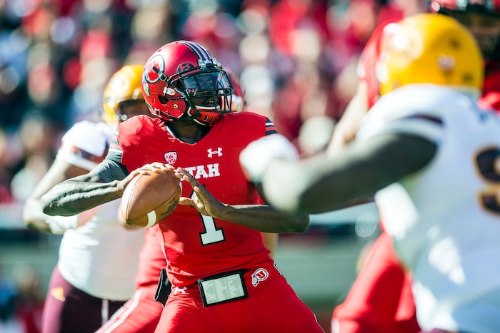 (Chris Detrick  |  The Salt Lake Tribune)  Utah Utes quarterback Tyler Huntley (1) looks to pass the ball during the game at Rice-Eccles Stadium Saturday, October 21, 2017. 