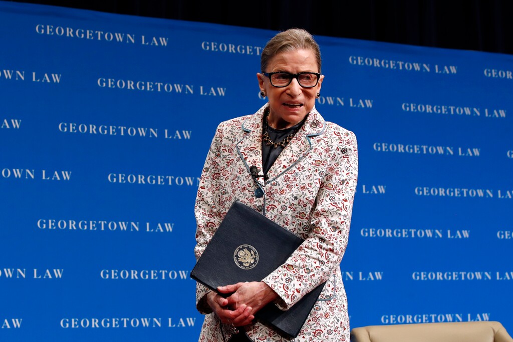 (Jacquelyn Martin | The Associated Press) In this Sept. 26, 2018, file photo, Supreme Court Justice Ruth Bader Ginsburg leaves the stage after speaking to first-year students at Georgetown Law in Washington. Ginsburg has been hospitalized after fracturing three ribs in fall at court.