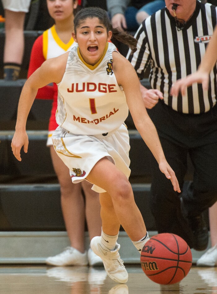 (Rick Egan  |  The Salt Lake Tribune)   Emily Garcia, Judge Memorial (1) leads a fast break for Judge Memorial, in 3A Women's basketball State playoff action Judge Memorial Vs. San Juan, in Heber City, Friday, Feb. 16, 2018.