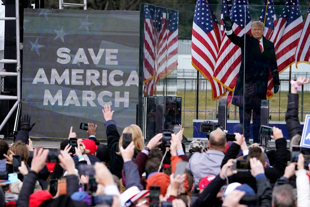 FILE - In this Jan. 6, 2021, file photo, President Donald Trump arrives to speak at a rally in Washington. Arguments begin Tuesday, Feb. 9, in the impeachment trial of Donald Trump on allegations that he incited the violent mob that stormed the U.S. Capitol on Jan. 6. (AP Photo/Jacquelyn Martin, File)