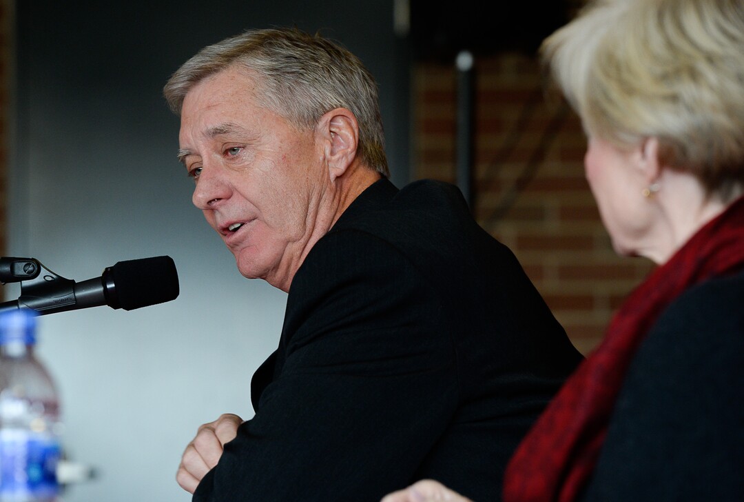 (Francisco Kjolseth  |  The Salt Lake Tribune)  University of Utah Athletics Director Chris Hill announces his plan to retire this spring after 31years. Joined by his wife Kathy and their kids and grandkids at the Jon M. Huntsman Center on campus on Monday, March 26, 2018, Hill is the longest actively tenured athletics director at the same school in the NCAA FBS.