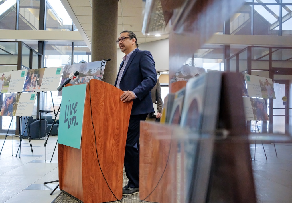 (Leah Hogsten | The Salt Lake Tribune) Javier Alegra with Latino Behavioral Health Services gives details of the new media campaign dedicated to mental health awareness and suicide prevention resources affecting Utah's Latino community as part of the Live On campaign, Mar. 16, 2021.