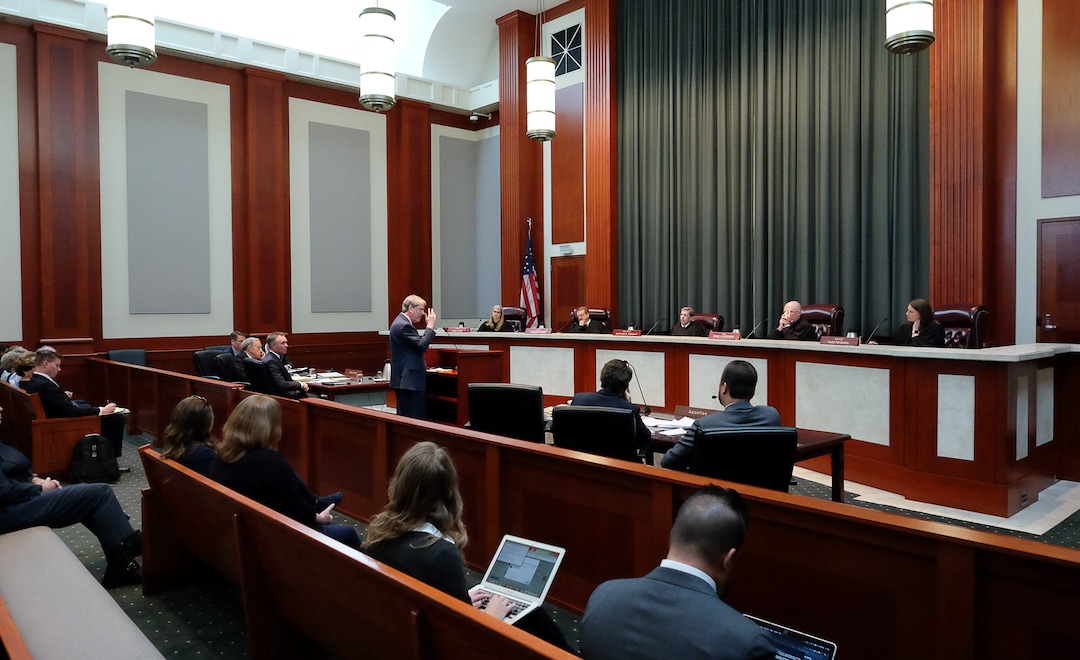(Francisco Kjolseth  |  The Salt Lake Tribune)  Salt Lake Tribune attorney Michael O'Brien speaks with the Utah Supreme Court as it hears the appeal filed by BYU lawyers in 2018 after a 3rd District judge ruled that the private universityÕs police force is a governmental entity that has to follow the same rules for transparency as other police departments across the state on Friday, Oct. 4, 2019. The Salt Lake Tribune's lawsuit involved whether BYU police should be subject to Utah's open records laws.