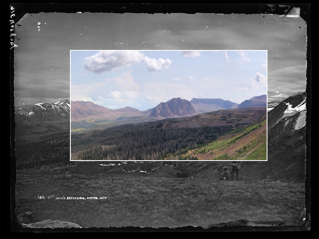 (William Henry Jackson (1870); Joanna Corimanya, Anahí Quezada and Townsend Peterson (2024) via The New York Times) The Uinta Mountains in 1870, overlaid with images from 2001 and 2024. At center is a formation known as the Red Castle.