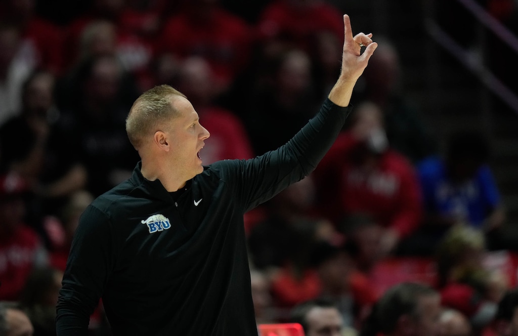 (Francisco Kjolseth | The Salt Lake Tribune) BYU men's basketball head coach Kevin Young on the sideline as Utah hosts BYU, NCAA basketball in Salt Lake City on Saturday, Jan. 10, 2026.