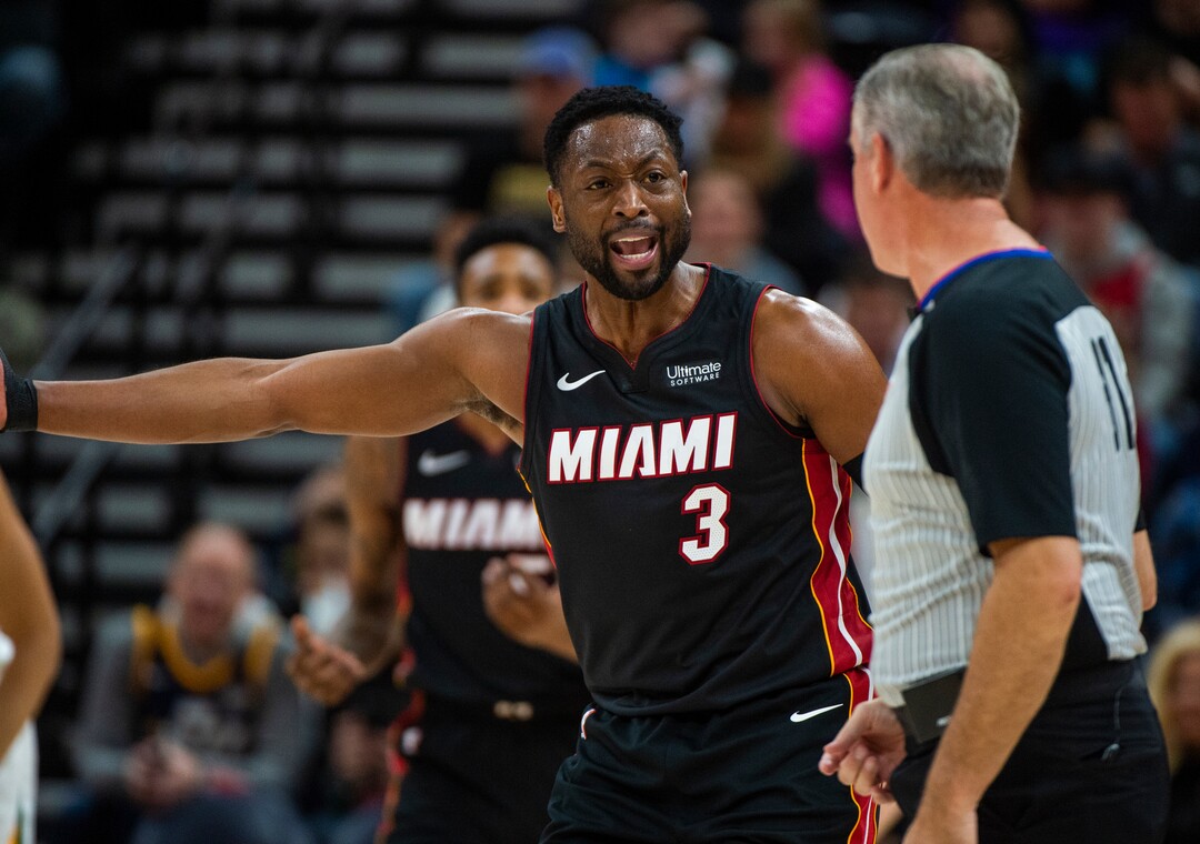 (Rick Egan  |  The Salt Lake Tribune)     Miami Heat guard Dwyane Wade (3) complains about a call to referee Scott Wall (31), in NBA action between Utah Jazz and Miami Heat, at Vivint Smart Home Arena Wednesday, Dec. 12, 2018.