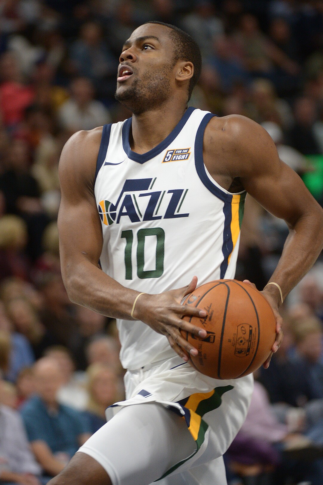 (Leah Hogsten  |  The Salt Lake Tribune) Utah Jazz guard Alec Burks (10) skies to the net for a dunk as the Utah Jazz host the Phoenix Suns during preseason NBA basketball at Vivint Smart Home Arena in Salt Lake City, October 6, 2017.