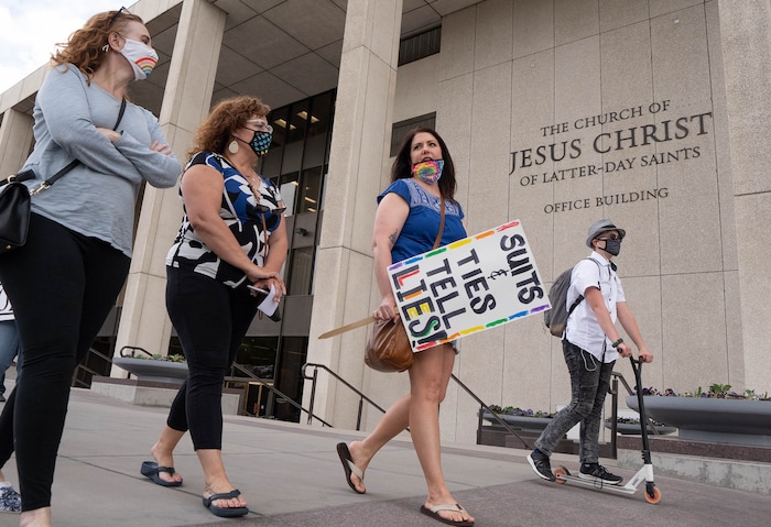 (Francisco Kjolseth | The Salt Lake Tribune) Natasha Helfer, center left, a sex therapist who lost her membership in The Church of Jesus Christ of Latter-day Saints, is joined by supporters as they petition the First Presidency to repeal her excommunication on Friday, May 7, 2021.
