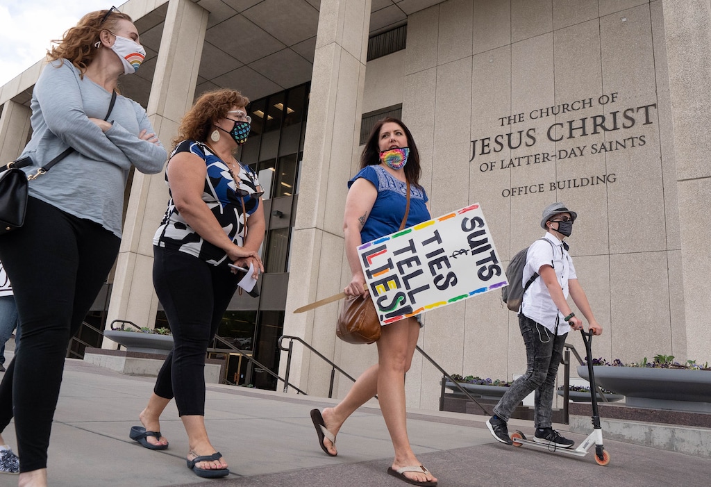 (Francisco Kjolseth | The Salt Lake Tribune) Natasha Helfer, center left, a sex therapist who lost her membership in The Church of Jesus Christ of Latter-day Saints, is joined by supporters as they petition the First Presidency to repeal her ouster Friday, May 7, 2021.