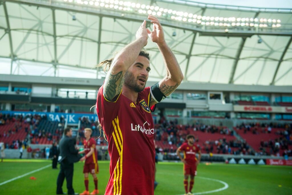 (Chris Detrick  |  The Salt Lake Tribune)  Real Salt Lake midfielder Kyle Beckerman (5) acknowledges the crowd after the game at Rio Tinto Stadium Sunday, Oct. 22, 2017.