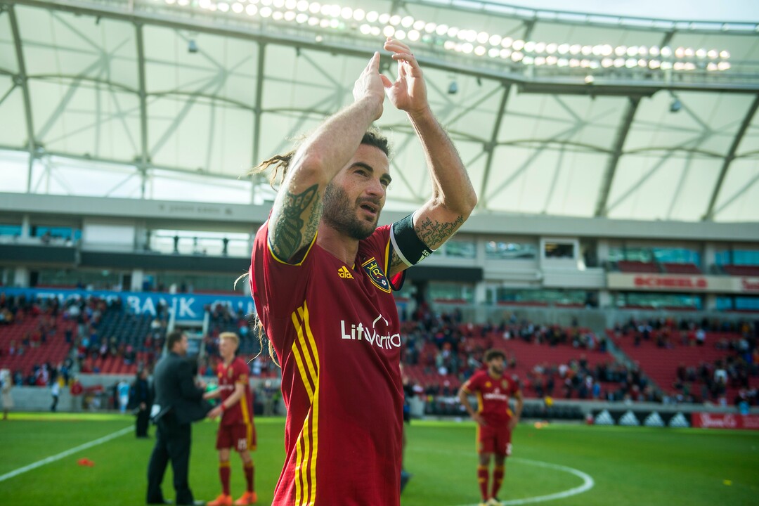 (Chris Detrick  |  The Salt Lake Tribune)  Real Salt Lake midfielder Kyle Beckerman (5) acknowledges the crowd after the game at Rio Tinto Stadium Sunday, October 22, 2017.  