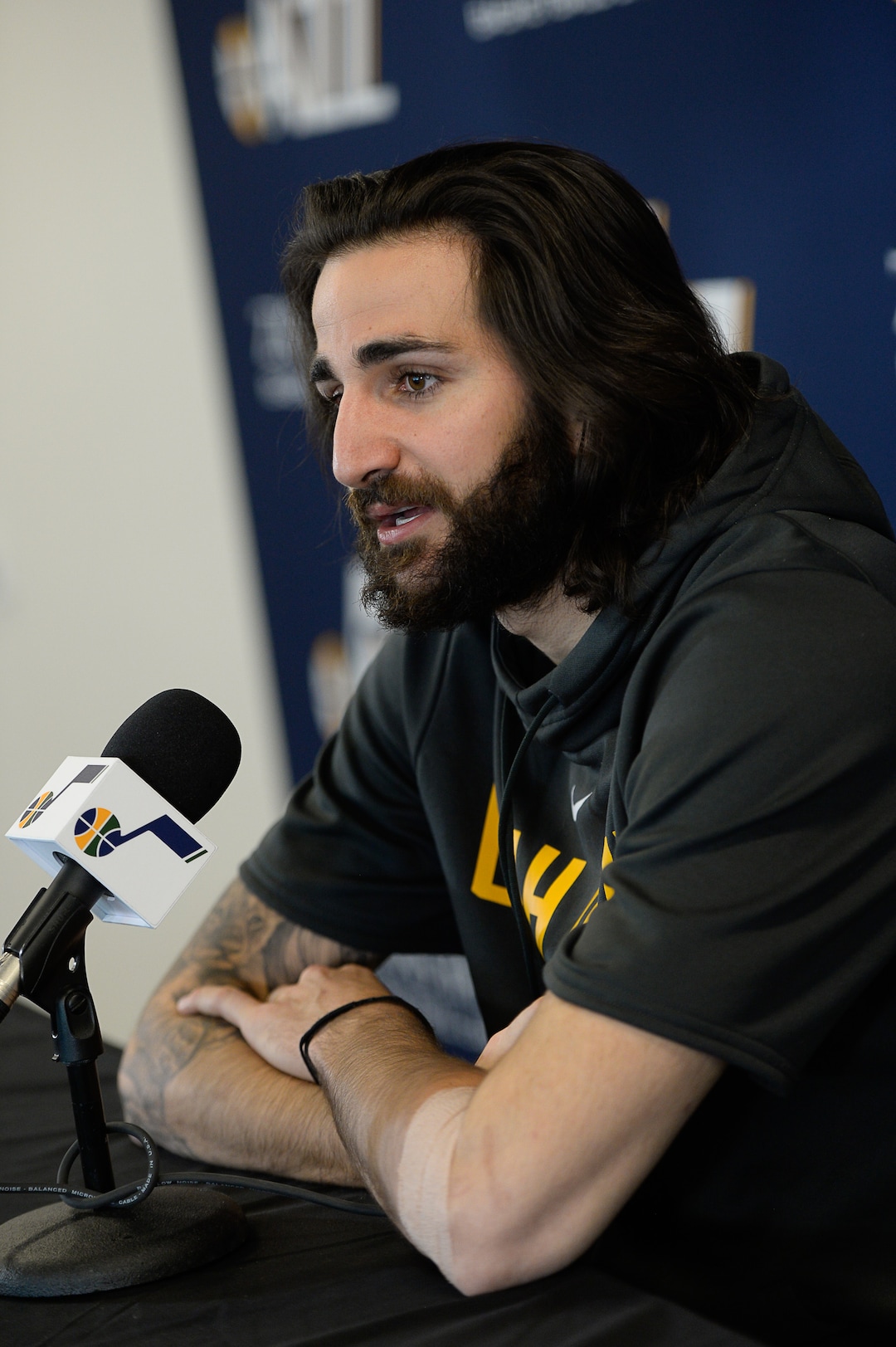 (Francisco Kjolseth  |  The Salt Lake Tribune)  Utah Jazz      guard Ricky Rubio speaks with the media during exit interviews at their practice facility in Salt Lake City Wed., May 8, 2018, after losing to the Houston Rockets in game 5 of their Western Conference Semifinals during the 2018 NBA Playoffs.