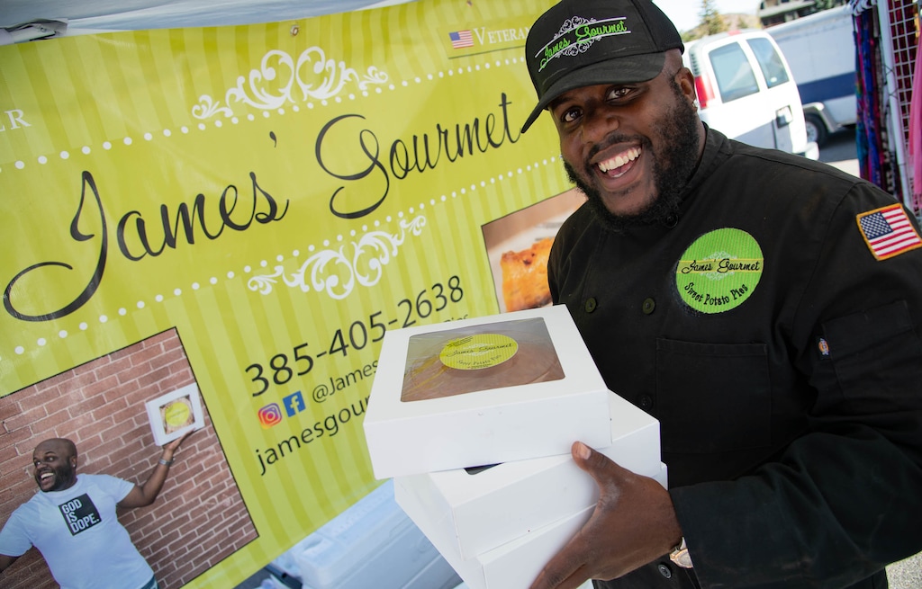 (Francisco Kjolseth  |  The Salt Lake Tribune) James Edwards, owner of James' Gourmet Pies, who specializes in sweet potato pies, sets up at the Park City farmers market on Wednesday, Oct. 21, 2020.