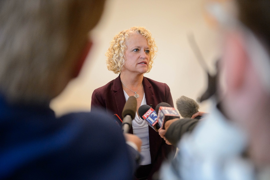 (Trent Nelson  |  The Salt Lake Tribune) Salt Lake City Mayor Jackie Biskupski speaks to reporters following a hearing on Salt Lake City’s case against the creation of the Utah Inland Port, a controversial international trading hub planned for a large swath of the municipality’s northwestern side, in Salt Lake City on Monday Nov. 18, 2019.