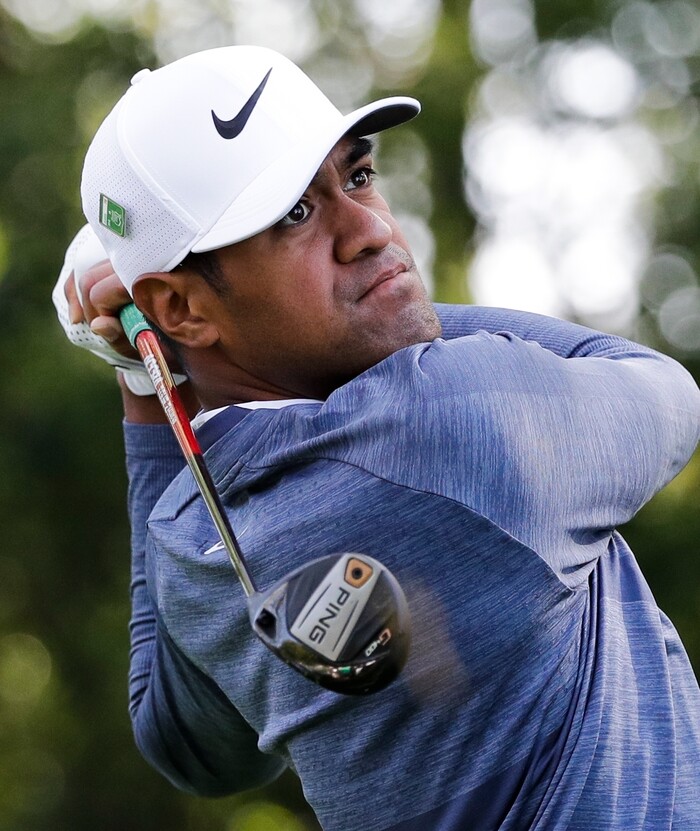 Tony Finau hits a drive on the second hole during the second round at the Masters golf tournament Friday, April 6, 2018, in Augusta, Ga. (AP Photo/David J. Phillip)