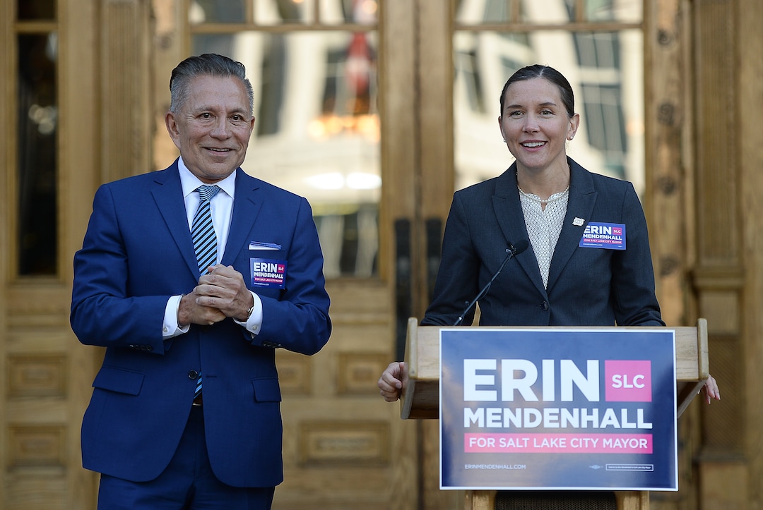 (Francisco Kjolseth  |  The Salt Lake Tribune)  Salt Lake City Councilwoman Erin Mendenhall announces an endorsement from former opponent David Ibarra as they gather on the West steps of the Salt Lake City and County Building on Thursday, Oct. 3, 2019.