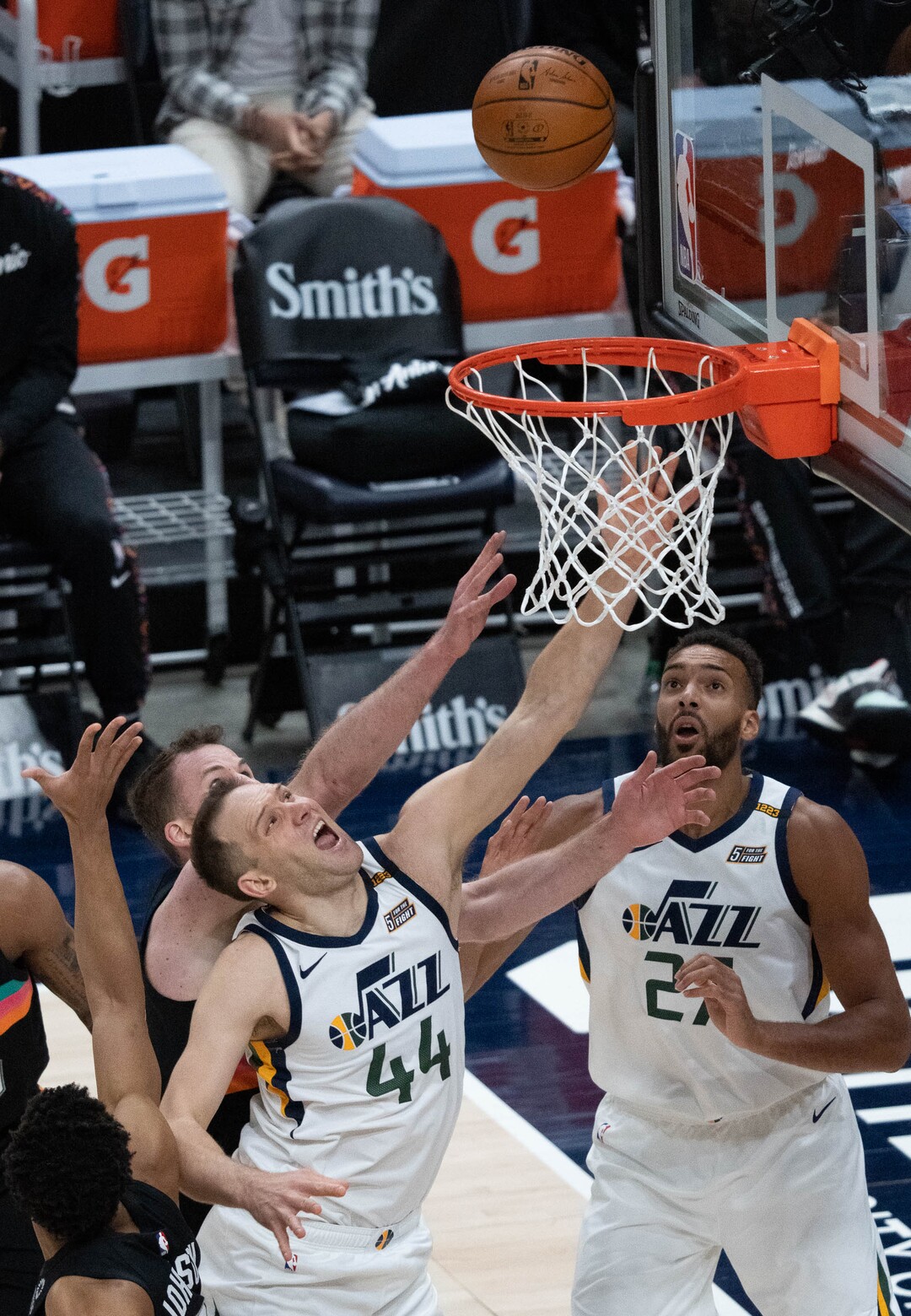 (Francisco Kjolseth | The Salt Lake Tribune) Utah Jazz forward Bojan Bogdanovic (44) pushes to the basket in NBA action between the Utah Jazz and the San Antonio Spurs at Vivint Smart Home Arena, on Wednesday, May 5, 2021.