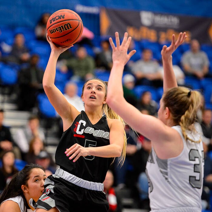 (Trent Nelson | The Salt Lake Tribune)  American Fork's Addison Holmstead (5) as Riverton faces American Fork in the 6A High School Girls' Basketball Tournament at SLCC in Taylorsville, Tuesday Feb. 20, 2018.