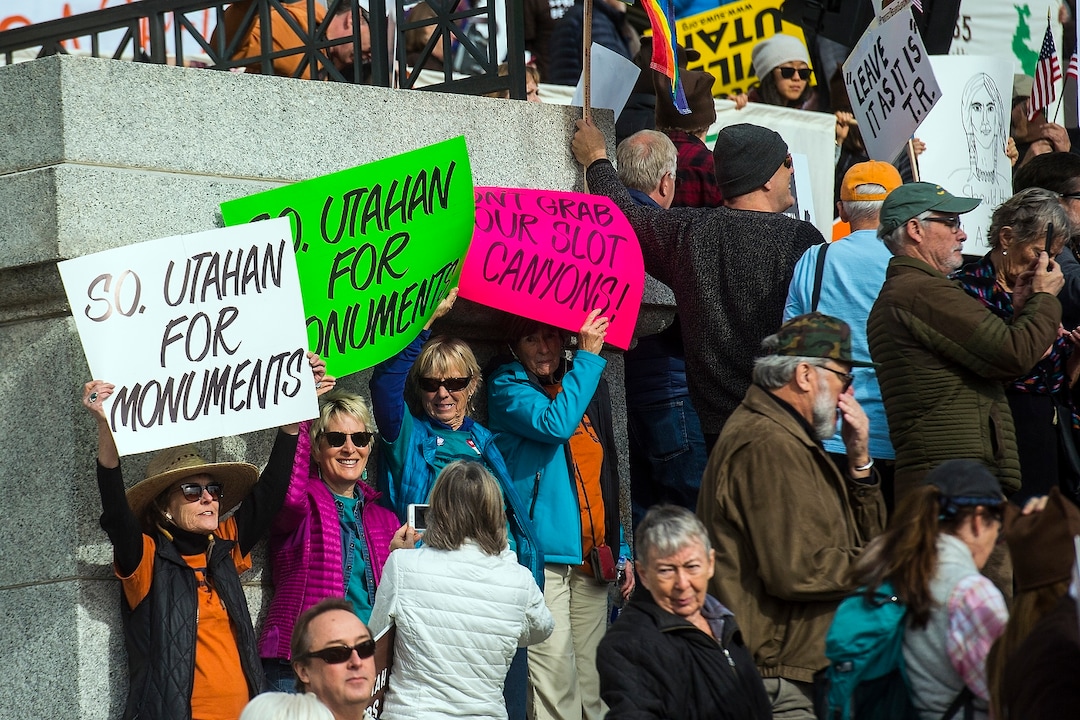 (Chris Detrick  |  The Salt Lake Tribune) Supporters of the Bears Ears and Grand Staircase-Escalante National Monuments rally at the Utah State Capitol Wednesday, February 24, 2016.  