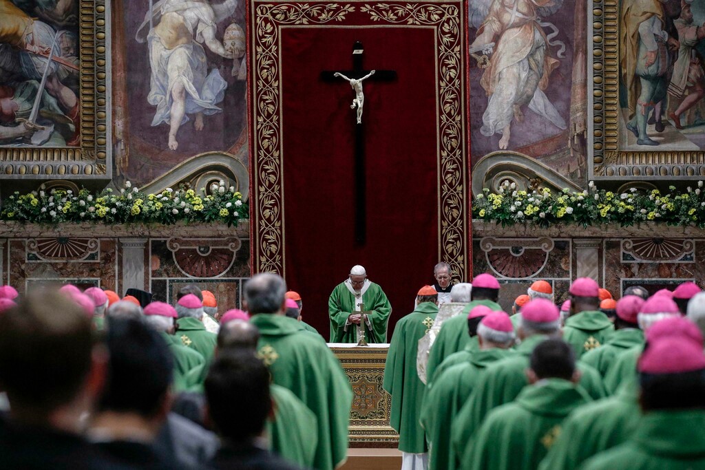(Giuseppe Lami | The Associated Press)  Pope Francis celebrates Mass at the Vatican, Sunday, Feb. 24, 2019. Pope Francis celebrated a final Mass to conclude his extraordinary summit of Catholic leaders summoned to Rome for a tutorial on preventing clergy sexual abuse and protecting children from predator priests. The Mass was celebrated Sunday in the Sala Regia, one of the grand, frescoed reception rooms of the Apostolic Palace.