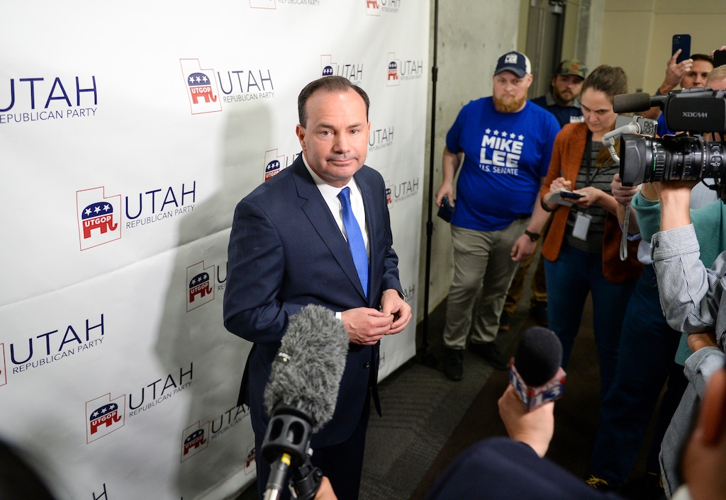 (Chris Samuels | The Salt Lake Tribune) U.S. Sen. Mike Lee speaks to media after winning the Utah Republican Party nominating vote, Saturday, April 23, 2022 in Sandy.